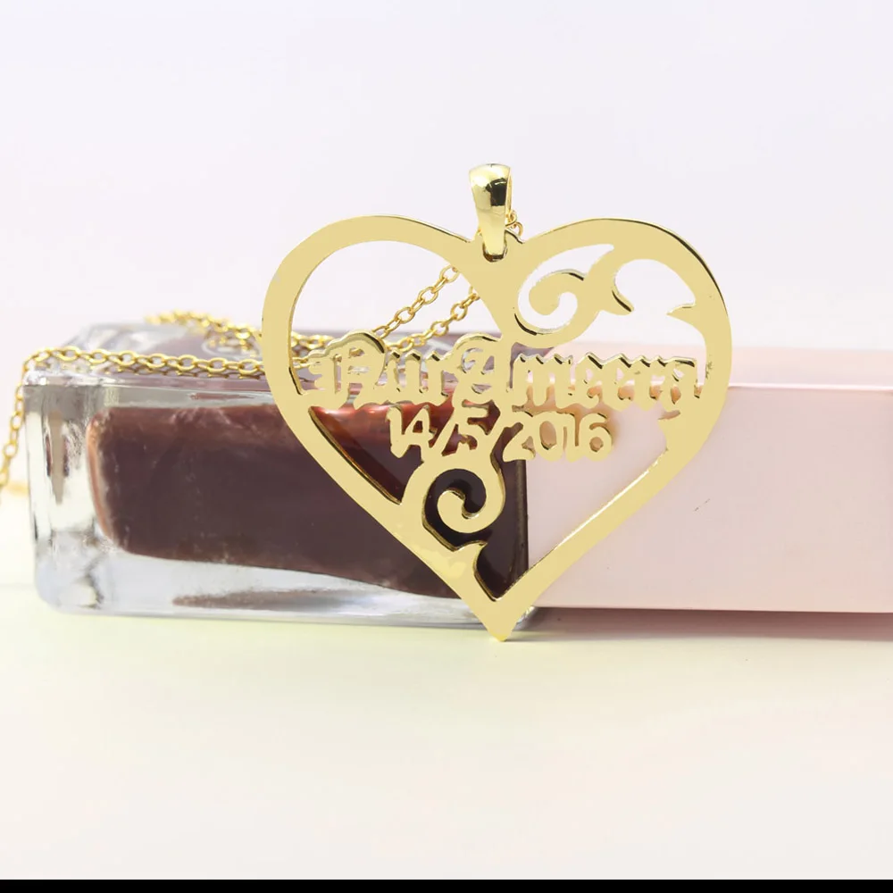 

Solid Silver Personalized Cut Out Heart Necklace Custom Name Love Heart Necklace Memorial Golden Necklace