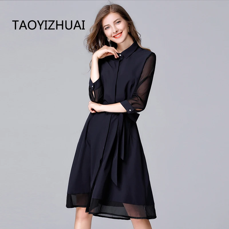 TAOYIZHUAI Новое поступление весеннее повседневное шифоновое платье с отложным воротником размера плюс с синим поясом и рукавами-лепестками для женщин 14056