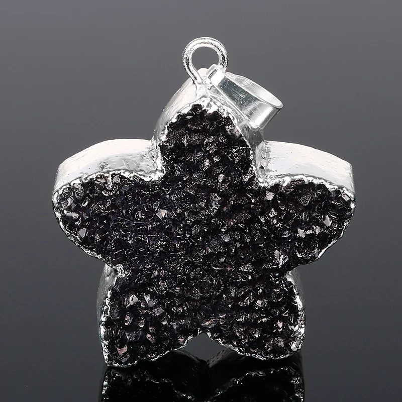 

32*31mm Black Star Pendant Rough Druzy Crystal Quartz Stone Silver Color Edge Jewelry Charms Pendant Fit Necklace Women Men