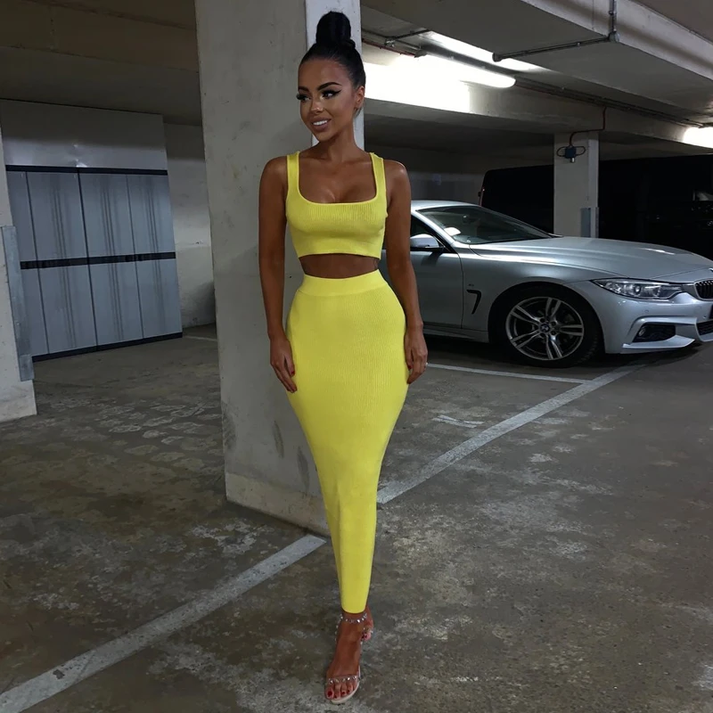 Hugcitar  spaghetti straps crop tops skirt 2 pieces sets 2019 summer women neon green solid party streetwear female slim elegant