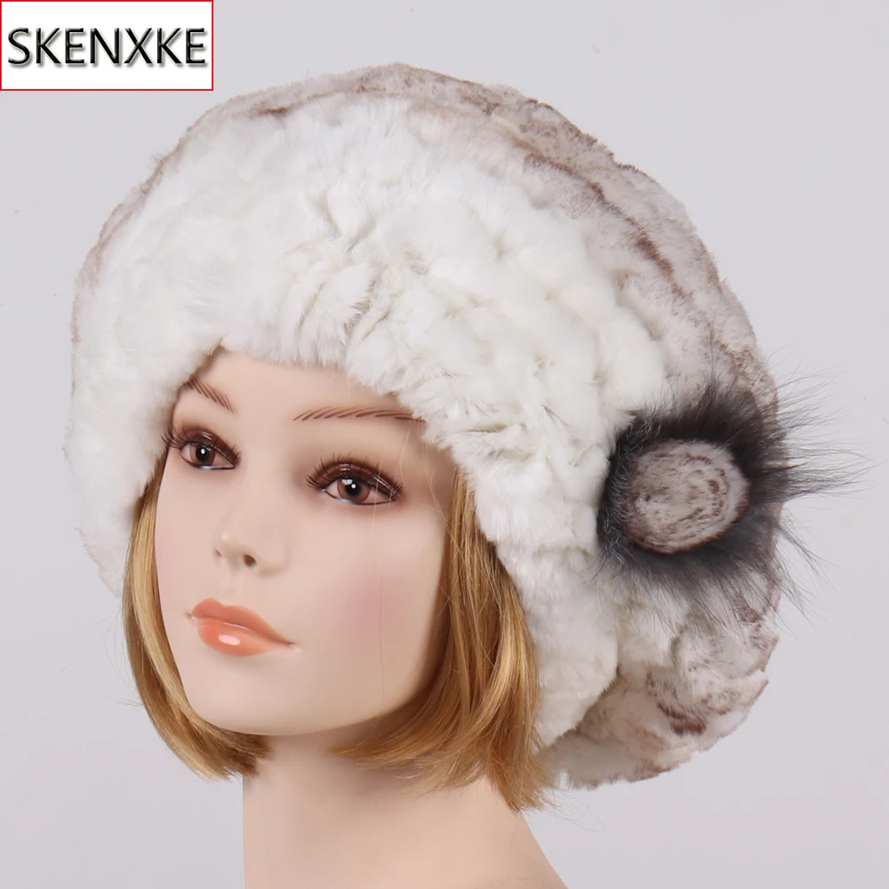 

New Knit Lady Real Fur Beanies Hats Women Flowers Striped 100% Natural Rex Rabbit Fur Cap Russian Winter Warm Genuine Fur Hat