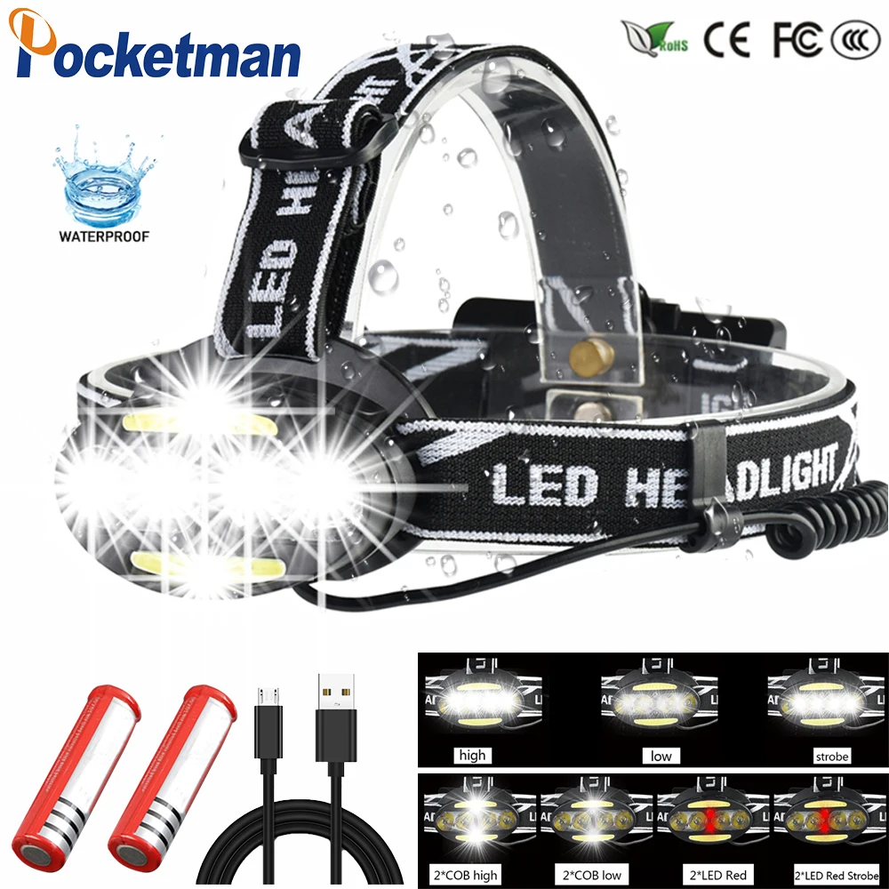 

Headlight 30000 Lumen headlamp 4* T6 +2*COB+2*Red LED Head Lamp Flashlight Torch Lanterna with batteries charger