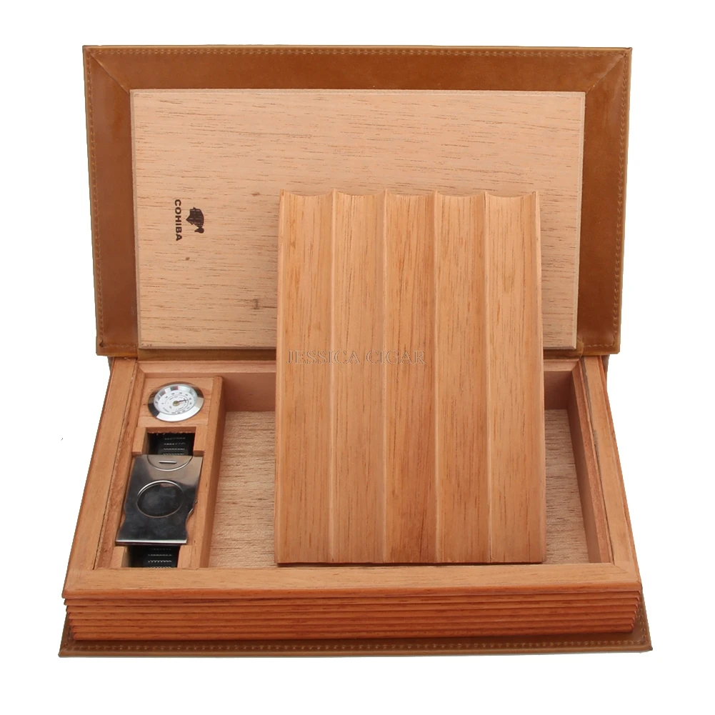  COHIBA Elegant Book Design Cedar Wood Cigar Humidor Box Portable Leather Cigar Travel Case With Cut