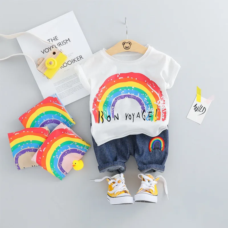 Новинка года; летняя одежда для маленьких мальчиков и девочек Модный хлопковый комплект; спортивный костюм с принтом для мальчиков; футболка+ шорты детская одежда - Цвет: 17