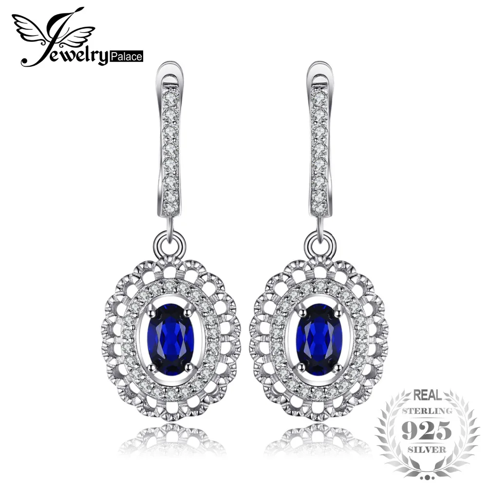 

JewelryPalace Carved 1.56ct Created Sapphire Dangle Earrings 925 Sterling Silver Vintage Earrings Wedding Fine Jewelry For Women