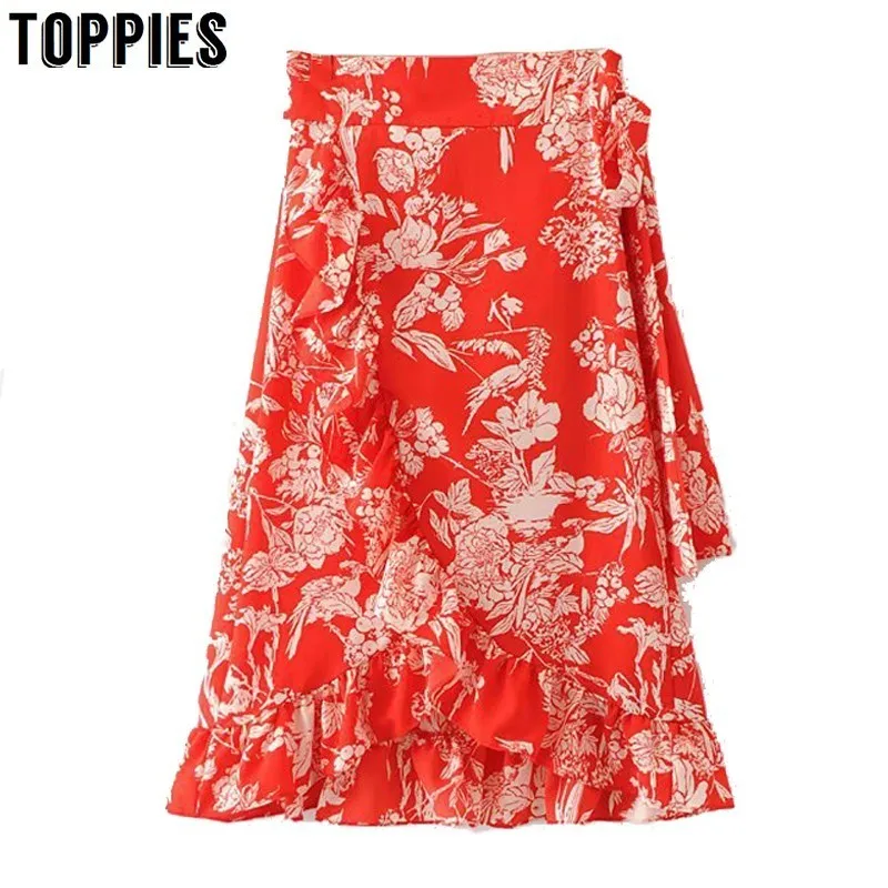 

2019 Summer Floral Printing Red Long Skirts Vacation Beach High Waist Ruffles Skirts Knot Waist Irregular Hem