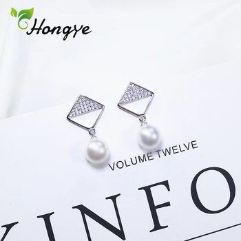 

Rhomboid Zircon Earrings with Natural Pearls Original Women Ear Jewelry Silver 925 Simple Dangler Korean Brinco Drop Earrings