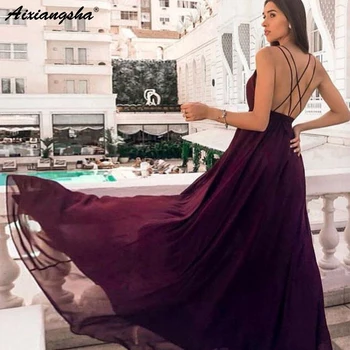 

Spaghetti Straps V-Neck High Slit Chiffon Dress vestido de festa longo Sexy Evening Party Gowns Prom Dresses Long