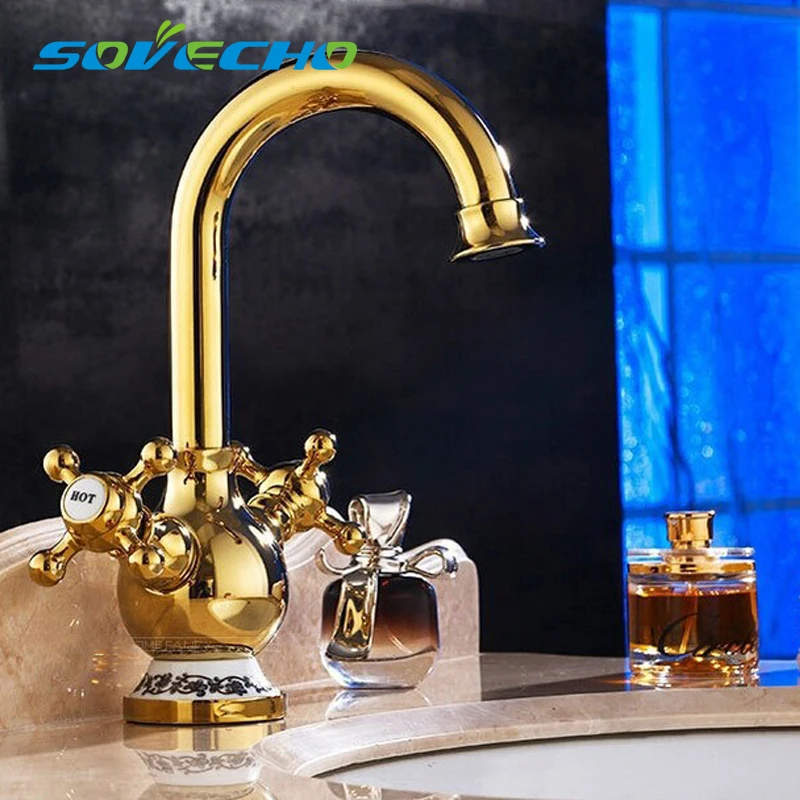 

SOVECHO Soild Brass Faucets Golden Finish With Blue and White Porcelain Double Handles Basin Crane Mixer Tap X9906