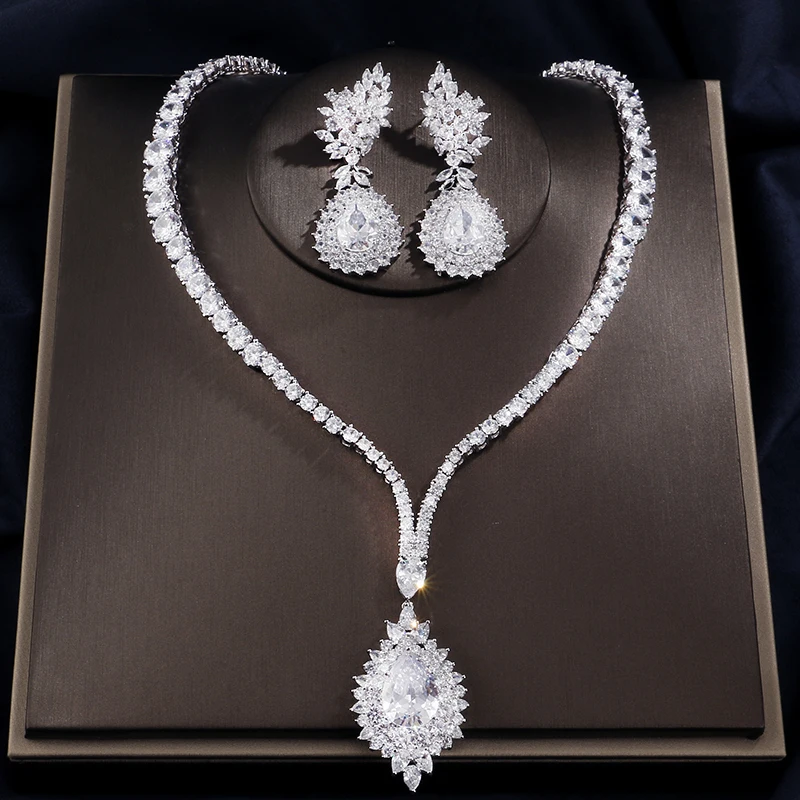 

RAKOL Camellia Austrian Blue Crystal Semi-precious Stone Pendant Necklaces Chain Earrings Jewelry Sets For Women Wedding
