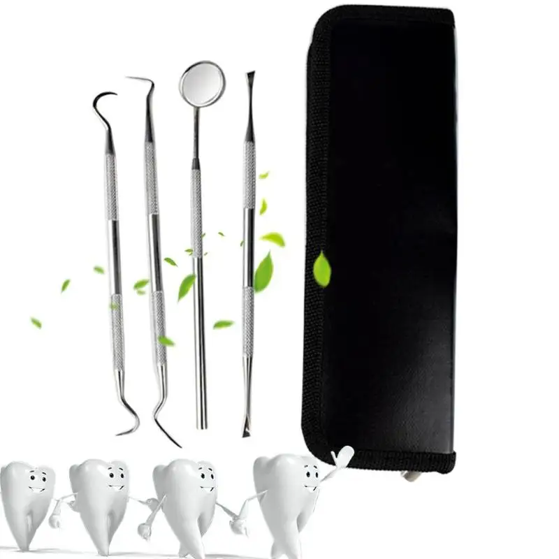 

4pcs/set Stainless Steel Dental Instruments Dental Examination Tooth Mouth Mirror Probe Scraper Tweezers Teeth Hygiene Kit Oral