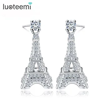 

LUOTEEMI New Fashion Jewelry Gift for Woman Cute Micro CZ Crystal Paris Eiffel Tower Stud Earrings White Gold-Color Brincos