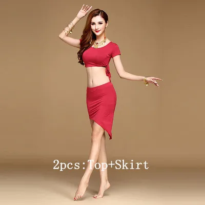 Стиль, костюм для танца живота, комплект для латинских танцев, одежда для занятий Танцем Живота, индийское платье для танца, комплект из 3 предметов, топ, юбка и пояс, сценическое представление - Цвет: Red 2pcs