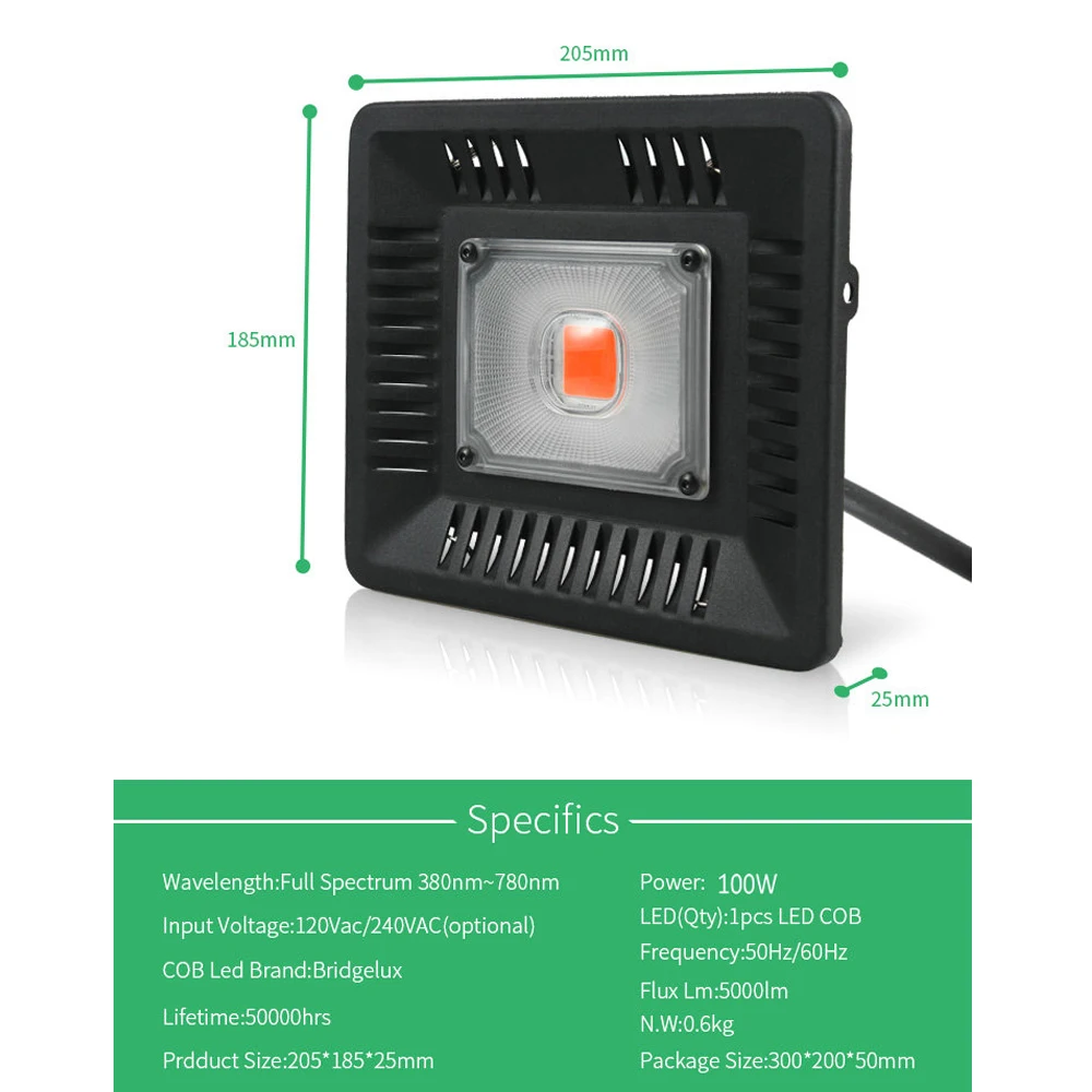 Светодиодный свет для выращивания полного спектра 100 Вт 200 Вт 300 Вт IP67 монолитный блок Светодиодов Прожектор для растений Крытый Открытый гидропонная теплица