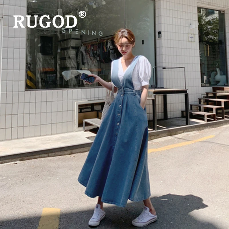 RUGOD/корейское шикарное платье из джинсовой ткани Модное ТРАПЕЦИЕВИДНОЕ