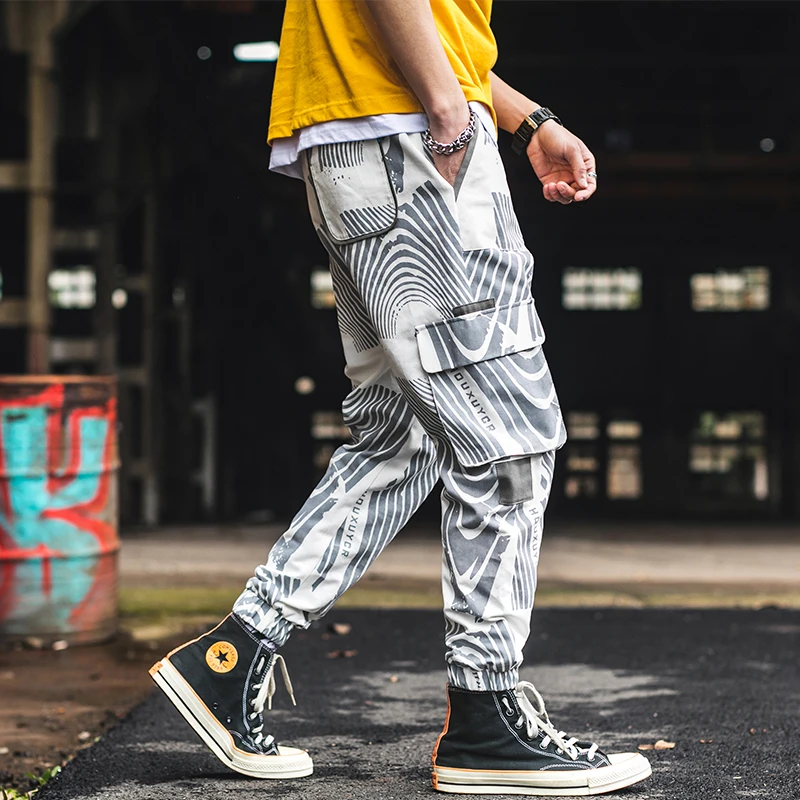 LOLDEAL Men's Multi-pocket Harlan Hip Hop Popular Zebra Print Trousers Street Men's Casual Fashion Nine Pants