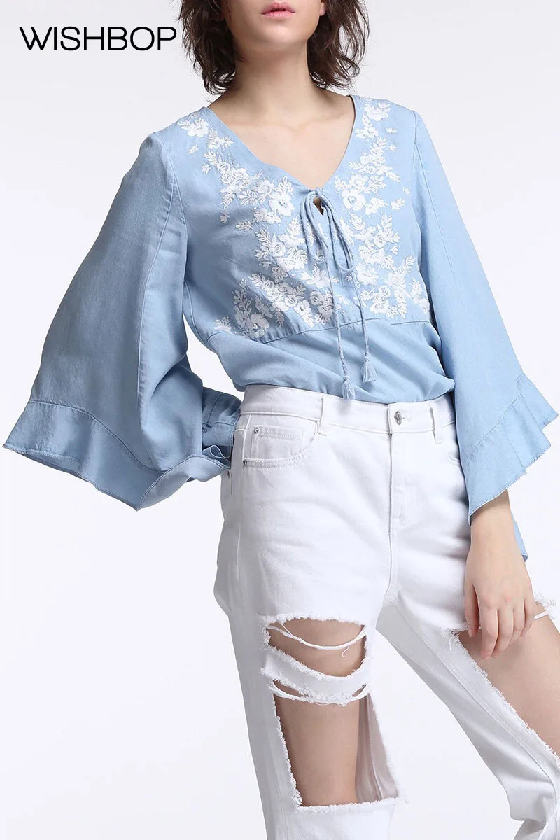 2017 Ladies Tencel Tops With Tassels Belt Blue V neck Flower