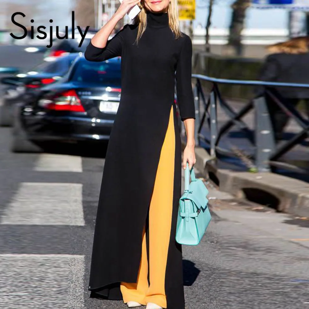 

Women Fashion Plus Size Dress Summer Asymmetrical Western Style Turtleneck Pullover Stretchy Plain Split Girls Oversize Dress