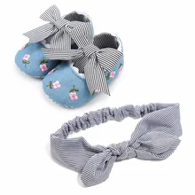 Детская обувь для девочек повязки и комплекты с цветочным принтом хлопок ткань Новорожденный мягкой подошвой принцесса Мокасины первые ходоки обувь