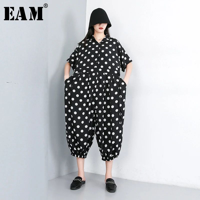 

[EAM] 2019 New Autumn Winter High Waist Pocket Stitch Loose Dot Printed Wide Leg Pants Women Jumpsuit Fashion Tide JW582