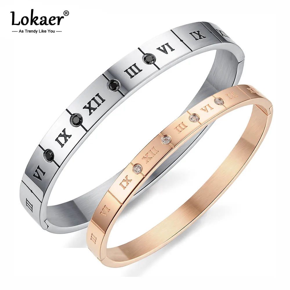 

Lokaer Romantic Cubic Zirconia Couple Gifts Promise Bling 316L Stainless Steel Roman Numerals Cuff Bangle Bracelet OGH770