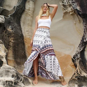 

Summer Boho Skirts 2019 High Waist Bohemia Vintage Print Wrap Split Strappy Maxi Bohemia Skirt Elegant Long Skirt Saia