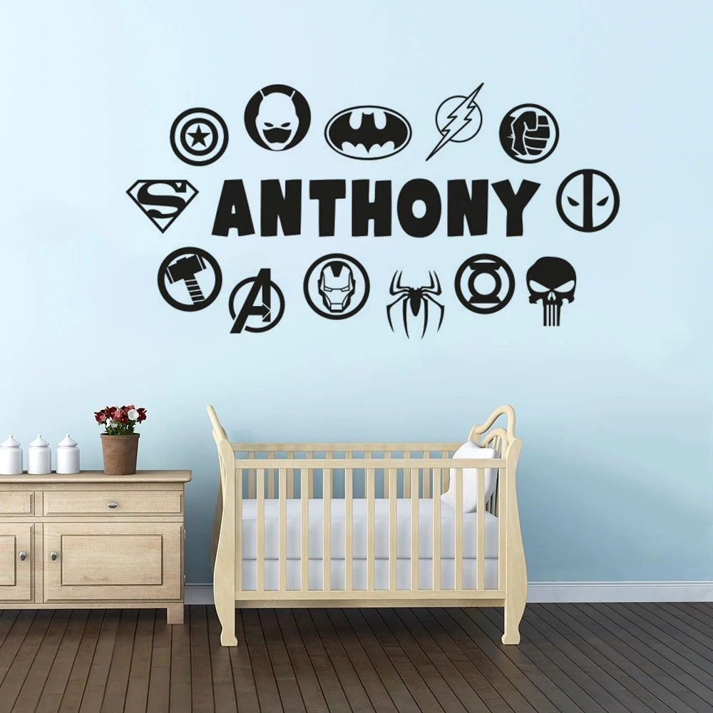 

Avengers Superheroes Vinyl Wall Sticker Custom Kids Name Wall Murals Hero Superman Batman Pattern Wall Decal Home Decor AZ480