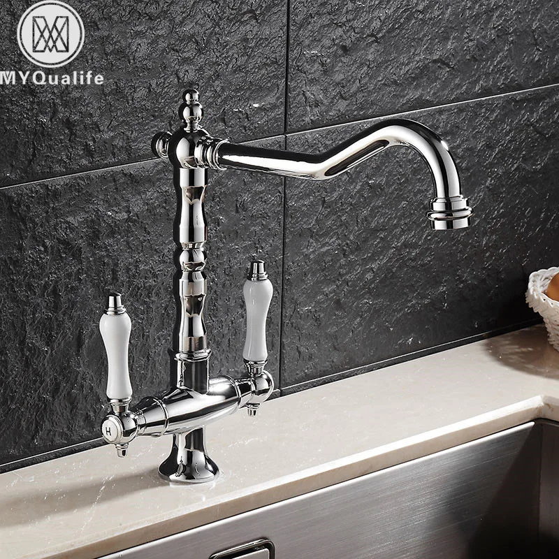 

Dual Ceramic Handle Kitchen Faucet Chrome Rotate Neck Kitchen Sink Mixer Crane Single Hole Bathroom Kitchen Hot Cold Water Tap