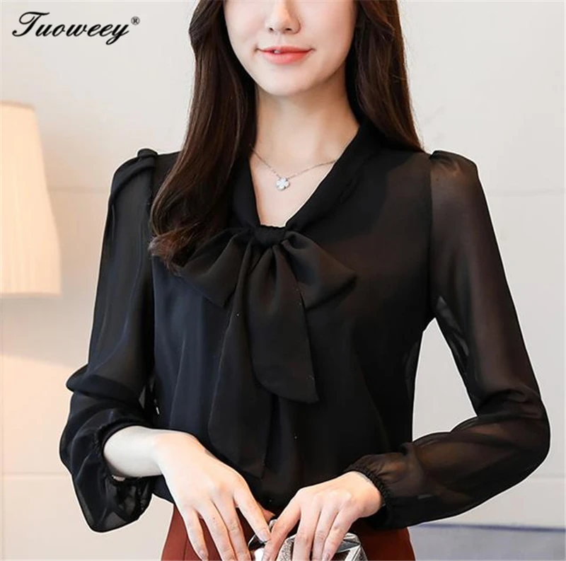 

2018 solid purple formal women tops blusas new bow neck women's clothing spring long-sleeved chiffon women blouse shirt