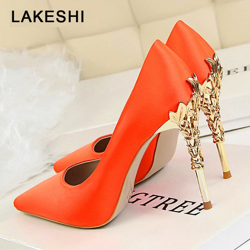 

Women Pumps High Heels Shoes Solid Silk Gold Heels Metal Carved Women Heels Female Bridal Shoes Brand Ladies Shoes