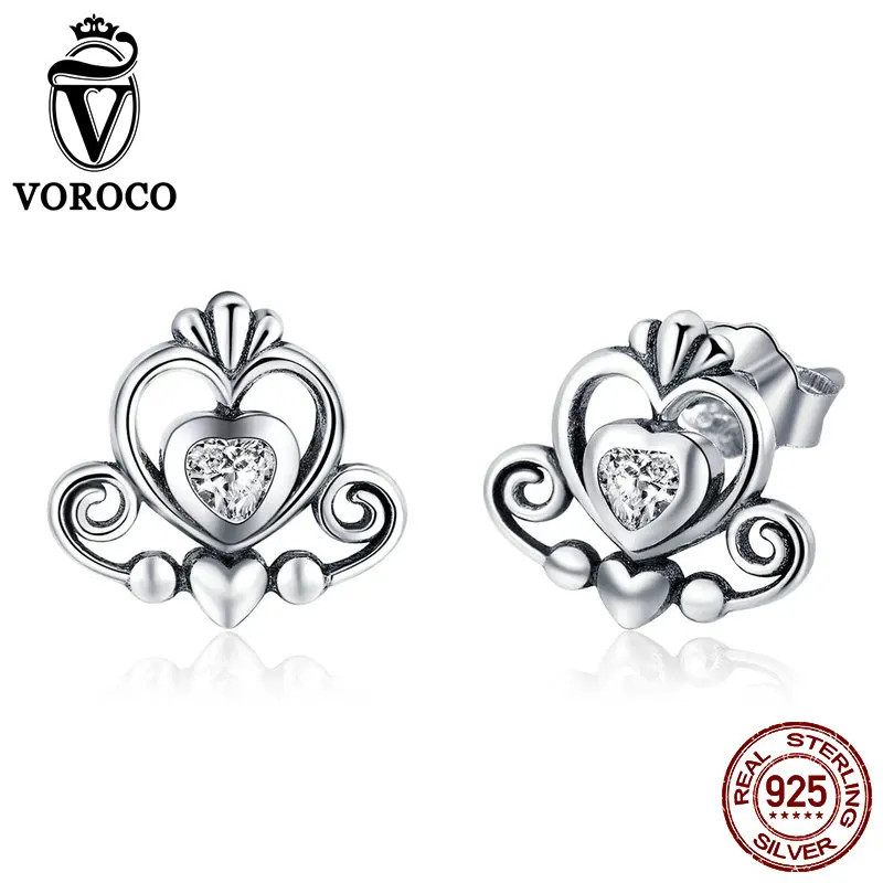 

VOROCO Newest 925 Sterling Silver Women's Jewelry Sparkling Heart CZ Crown Stud Earrings Gift For Women Anniversary Party KE420