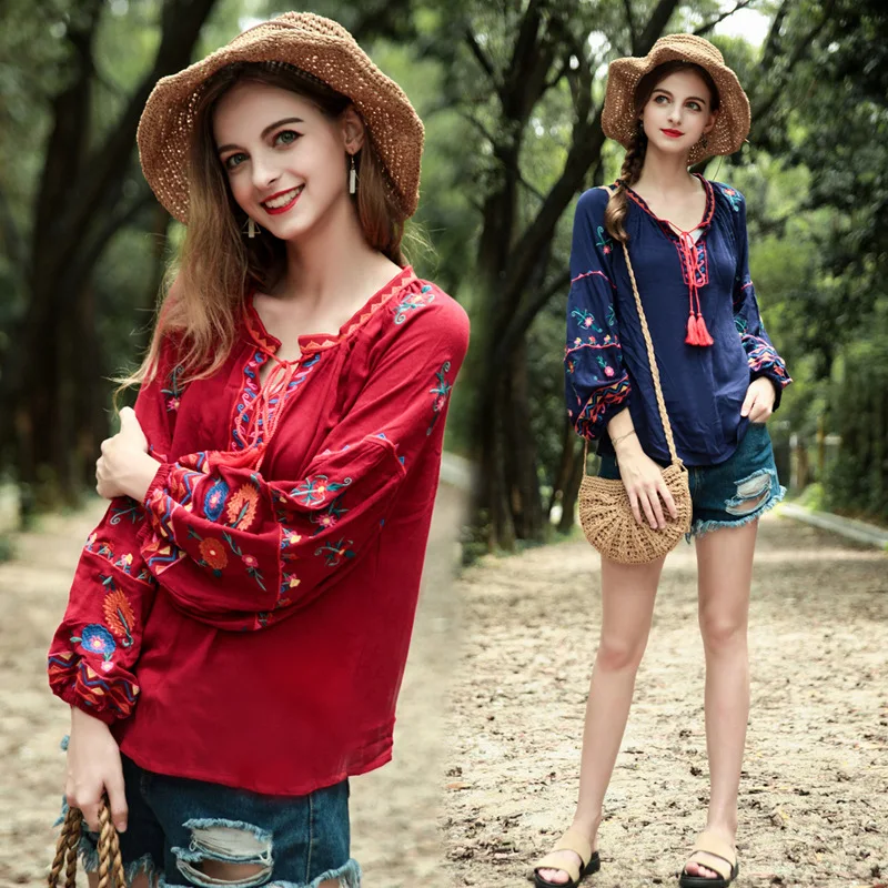

New Design Ethnic Embroidery Boho Blouses Women Fashion Chic Lace-Up Fur Ball Shirt Lady Autumn Spring Loose Blouses 4 Colors
