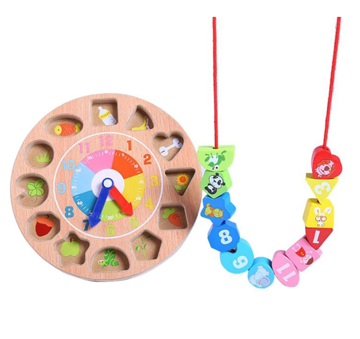 Монтессори форма сортировки узнать часы шнуровка бусины Деревянный дошкольные Развивающие игрушки для детей малышей