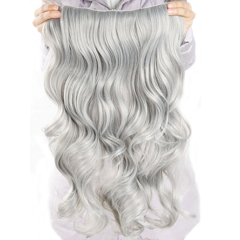 Grampo de Seda das Extensões do Cabelo Sintético das Costas Cabelo Ondulado Falso Cinza Hairpieces Uma Parte Esticada 24 Polegada 60cm no 190g 7 Grampo de seda das extensões do cabelo