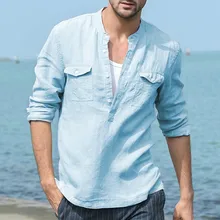 Для мужчин свободного покроя рубашка Для мужчин багги из хлопка и льна с кармашком для однотонная блузка с длинными рукавами в стиле ретро Рубашки, Топы, блузки социальная одежда