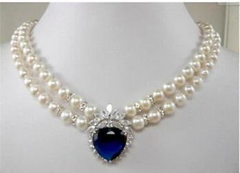 

New 2015 Fashion jewelry 2 row white pearl blue heart crystal Pendant Necklace>Lovely Women's Wedding Jewelry Pretty