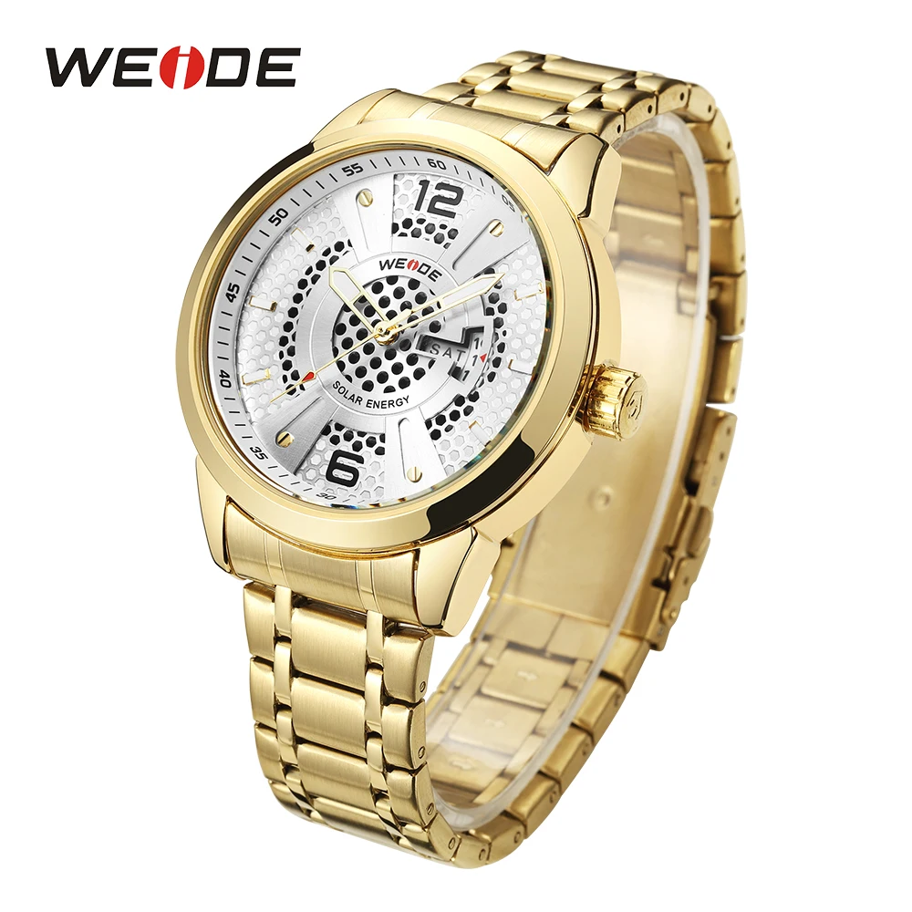 

WEIDE Mens Business Casual Luxury Brand Solar Energy Driving Quart Movement Week Calendar Analog Display Gold54.99 Wristwatches