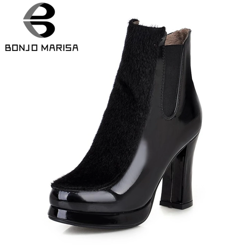 

BONJOMARISA Brand New Solid High Heels Round Toe Platform Shoes Woman Casual Party Winter Spring Ankle Boots Big Size 34-43