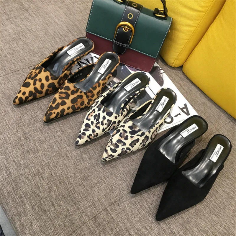 

Genuine Leather Leopard Summer Mules Lady Sandals Slippers Slip On Pointed Toe Women Mules Outdoor Slipper Shoes Woman Slides