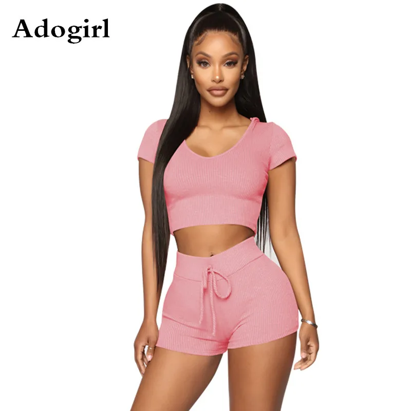 

Solid Color Knitted Rib Woman Short Tracksuit Hooded Top + Lace Up Shorts Two Piece Set Bodycon Sports Fashion Outfits