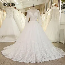 BEPEITHY настоящая фотография Robe De Mariage бальное платье c аппликациями кружева хрустальный пояс длинный рукав свадебное платье Vestido De Novia