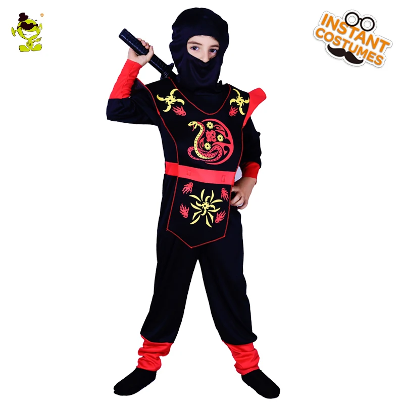 Детский черный костюм ниндзя с капюшоном и красным принтом змеи Assassin Косплей маскарадный костюм для Хэллоуина Маскарад вечерние Для детей унисекс