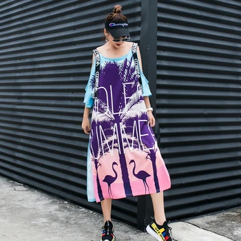 

Loose word shoulder strap print dress female long paragraph dress skirt short-sleeved T-shirt skirt European station summer tide