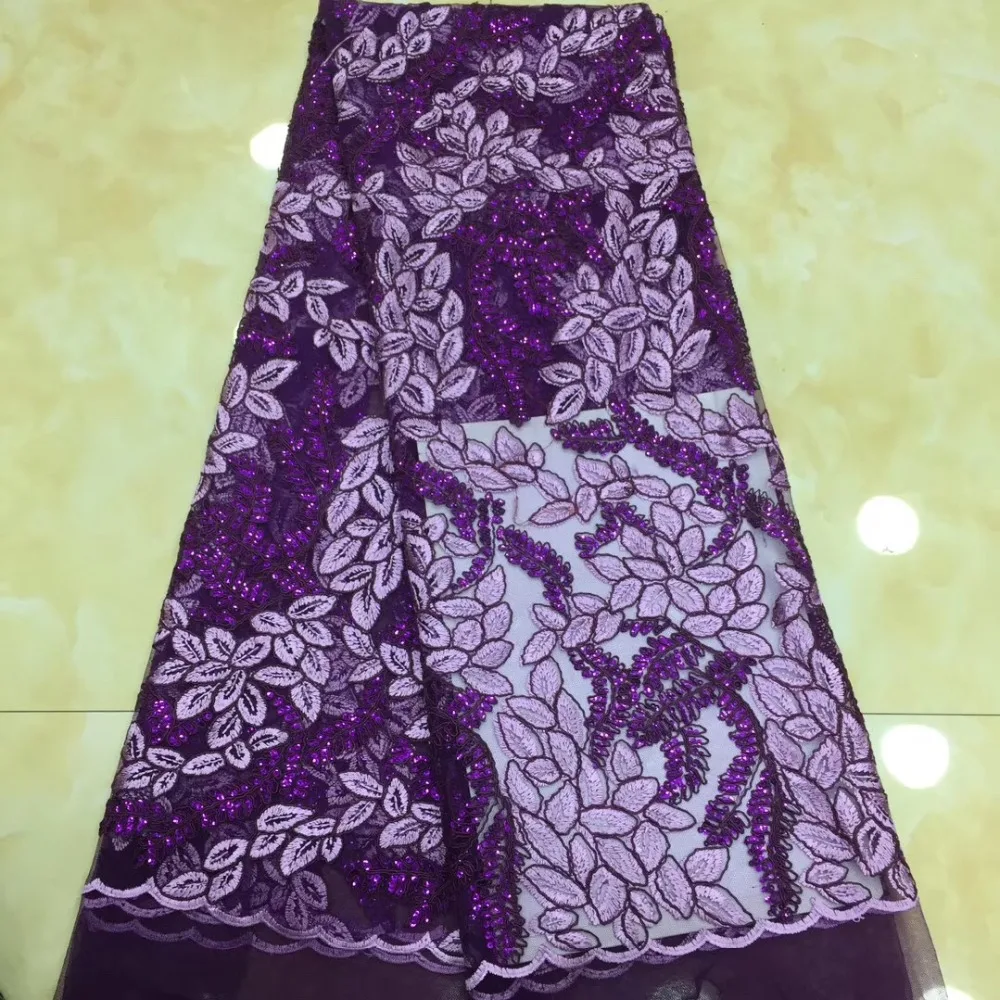 

French lace fabric 5yds/pce dhl purple sequins embroidery mesh fabrics women gorgeous luxury bright party event dress 2019 new