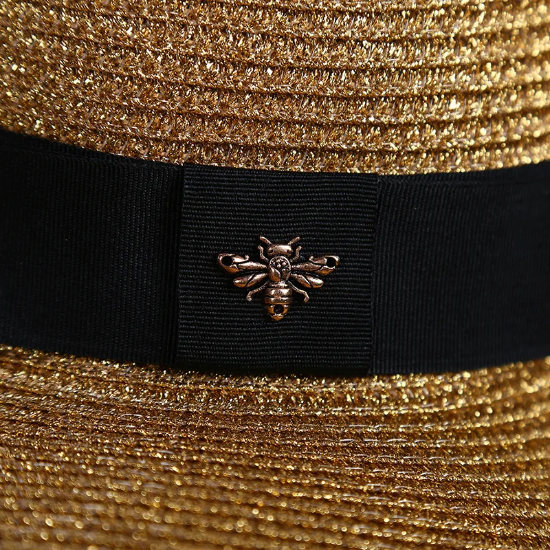 SQTEIO/Высококачественная Летняя женская соломенная шляпа в золотистой оплетке, Пляжная Праздничная летняя шляпа, американский Ретро свободный плоский солнцезащитный козырек