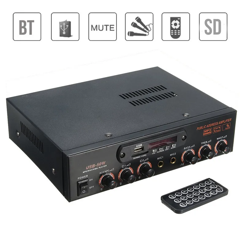 

Wireless Version Amplifier Bluetooth AMP 2 MIC Home Karaoke Digital Audio Amplifier SD/USB Stereo Amplifier FM USB SD Card
