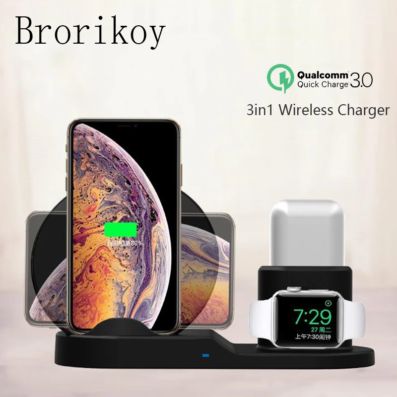 

3 in 1 10W Fast Wireless Mobile Phone Charger Dock for iPhone X Xs 8 Apple Watch 1 2 3 4 Airpods Charging Stand Wireless Charger