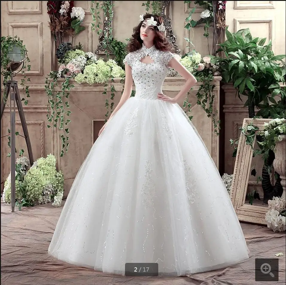 

Vestido De Noiva ball gown appliques sheer back sexy wedding dress lace beading high neck wedding gowns best selling bride gowns