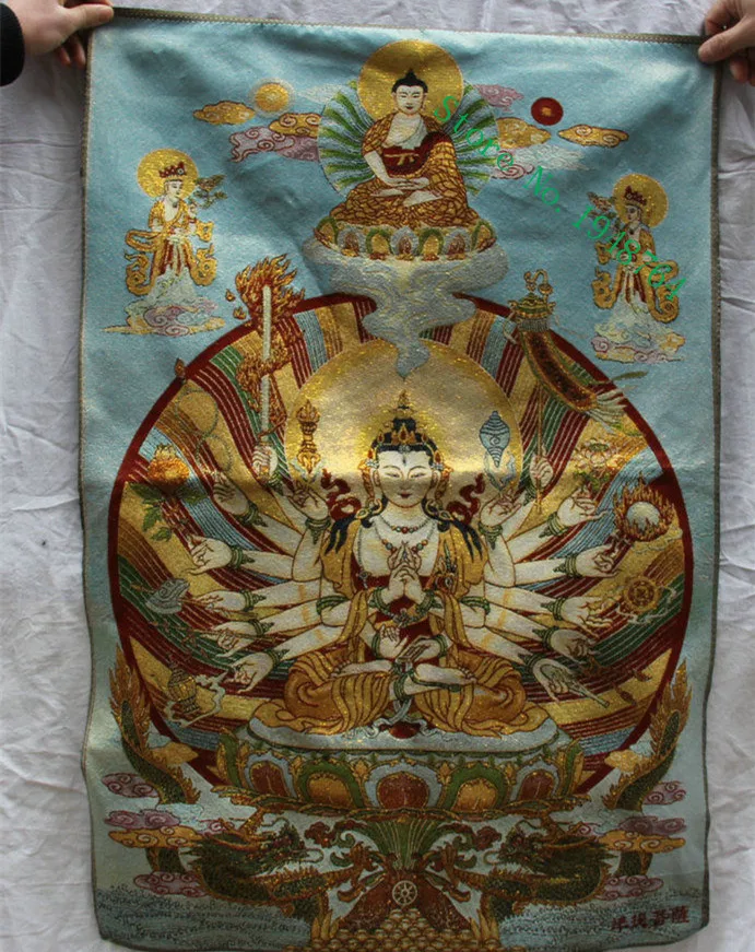 36 дюймов Китай Тибет вышивка шелковой 18 руки Маха Cundi мать Tangka танка Картины росписи