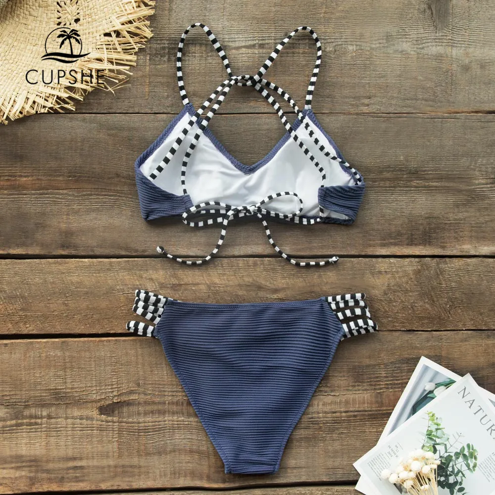 Günstig CUPSHE Navy Blau Gerippt Und Strappy Bikini Set Sexy Spitze Up Badeanzug Zwei Stück Bademode Frauen 2019 Mädchen Strand Bade anzüge